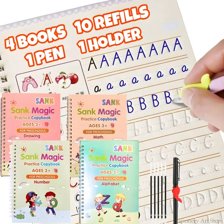 Reusable Kids' Practice Book Set – Includes 4 Books, 1 Pen, 1 Grip & 10 Refills for Handwriting Practice.