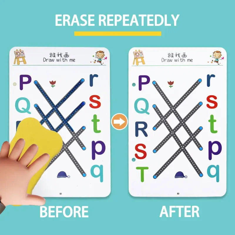 Reusable Educational Tracing Work Book for kids 64 Pages ( 2 Markers & Duster Attched)