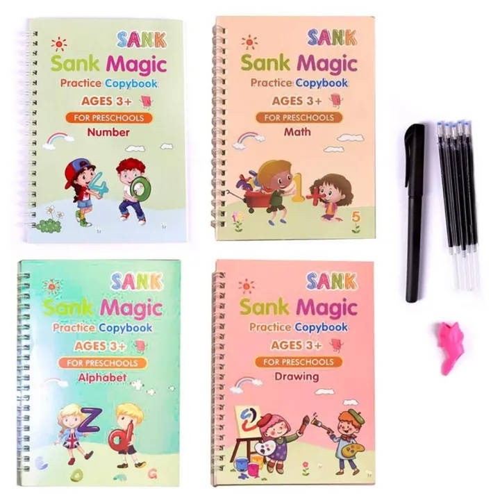 Reusable Kids' Practice Book Set (4 Books + 1 Pen + 1 Grip & 10 Refills)