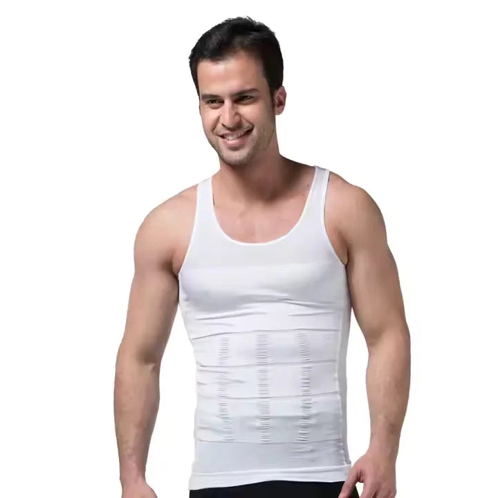 Happy man wearing men slimming body shaper white color promoting discountoffer.pk in Pakistan
