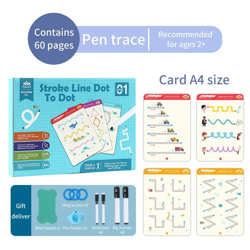 Reusable Educational Tracing Work Book for kids 64 Pages ( 2 Markers & Duster Attched)