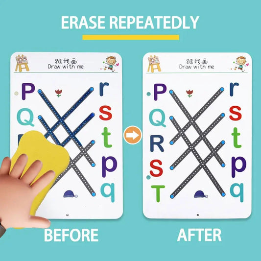 Reusable Educational Tracing Work Book for kids 64 Pages ( 2 Markers & Duster Attched)