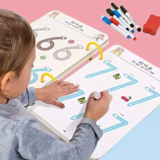 Reusable Educational Tracing Work Book for kids 64 Pages ( 2 Markers & Duster Attched)