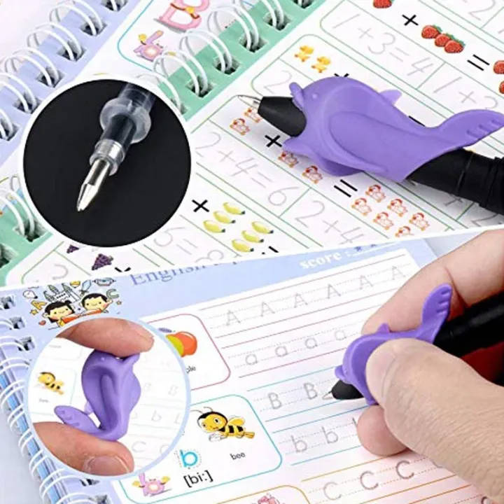 Reusable Kids' Practice Book Set (4 Books + 1 Pen + 1 Grip & 10 Refills)