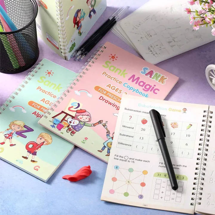 Reusable Kids' Practice Book Set (4 Books + 1 Pen + 1 Grip & 10 Refills)