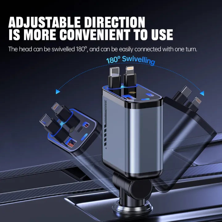 4 in 1 Retractable Car Charger 120W Fast Charging Car Station