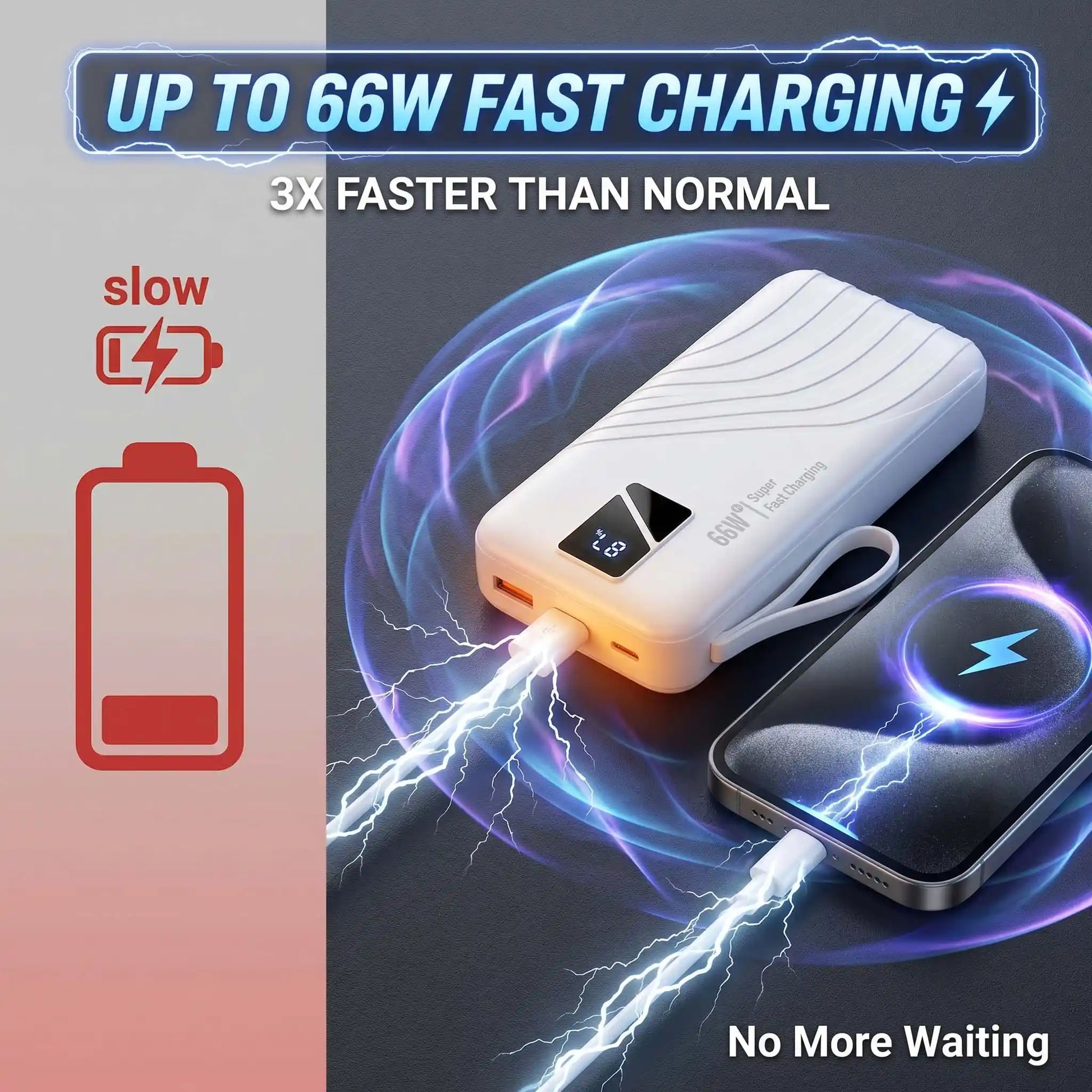 Comparison graphic showing the 66W power bank charging 3x faster than normal chargers, a high-performance power solution for Pakistan.