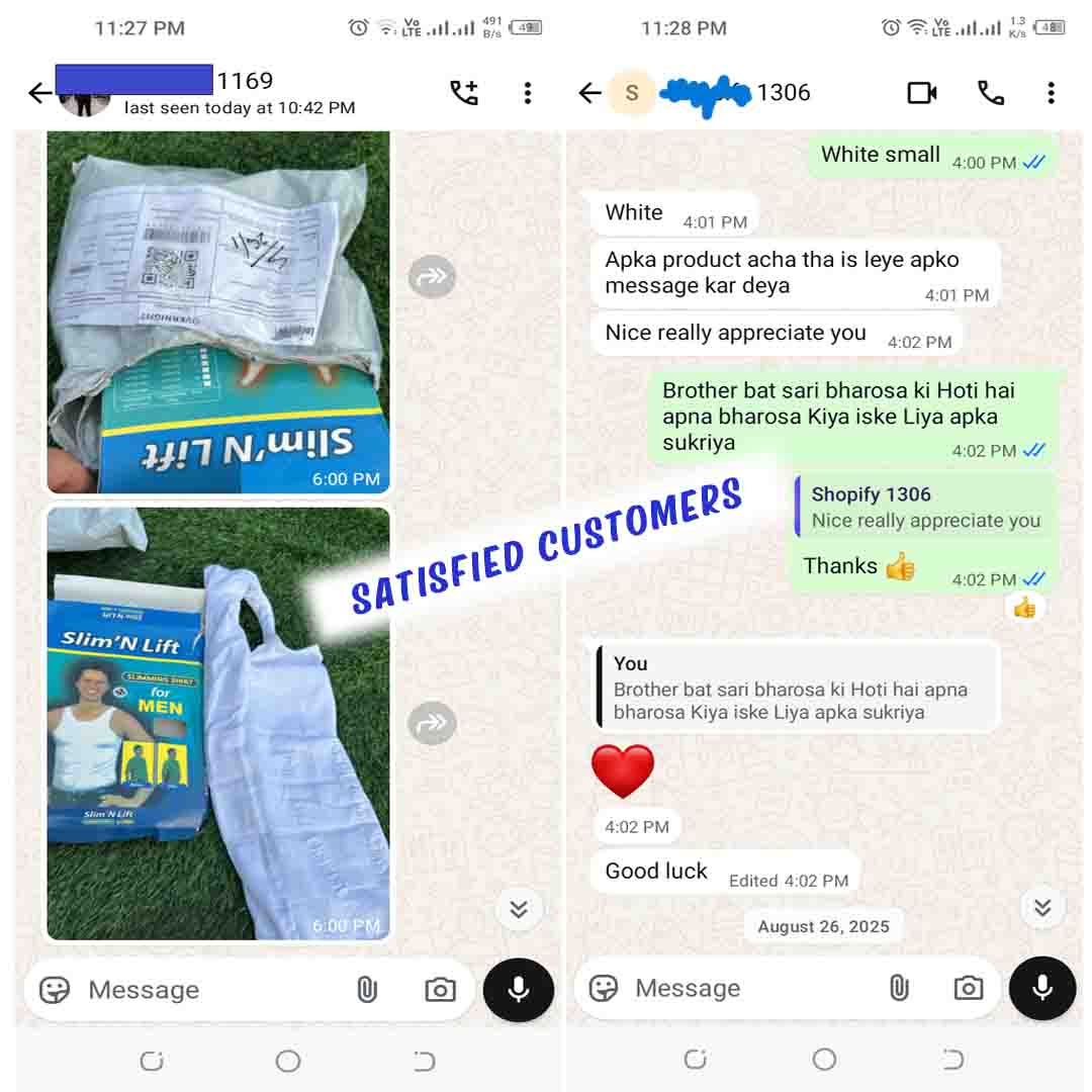 Repeat customer WhatsApp feedback confirming premium quality of men slimming body shaper