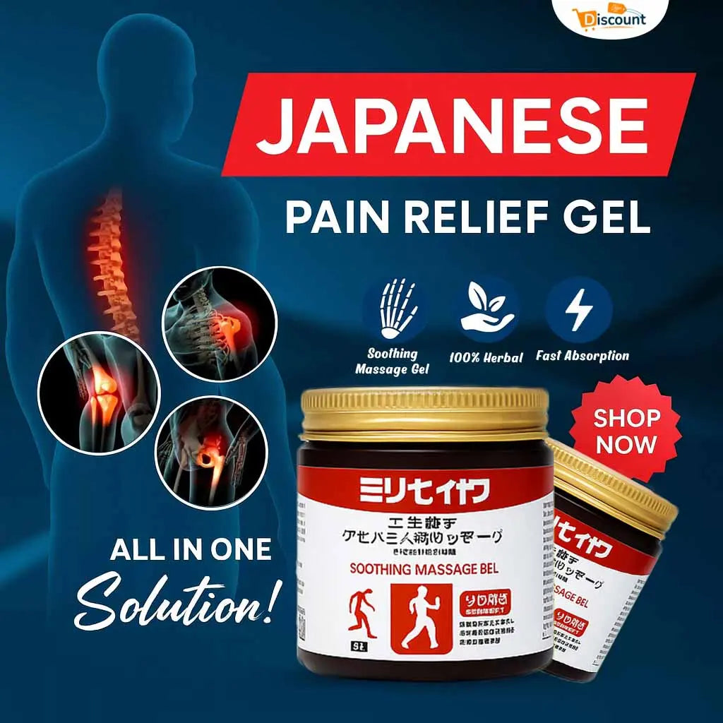 Promotional banner for Japanese herbal pain relief gel featuring soothing massage benefits and fast absorption