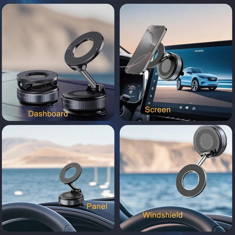 Magnetic car phone holder for dashboard, screen, panel and windshield mounting