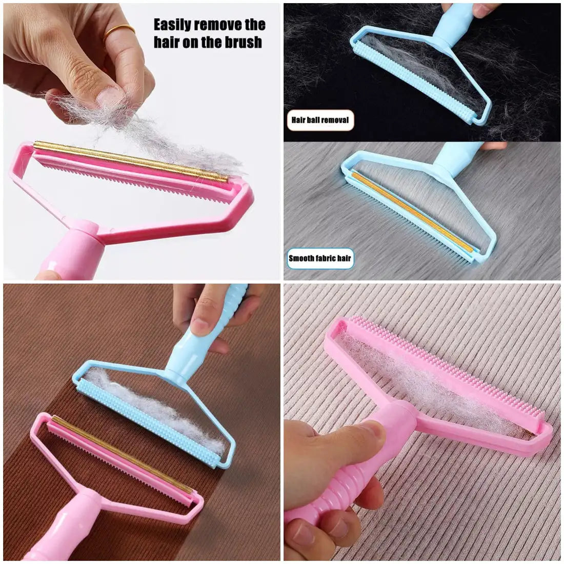 Dual-sided manual lint remover collage showing lint removal from different fabrics using pink and blue lint tools.