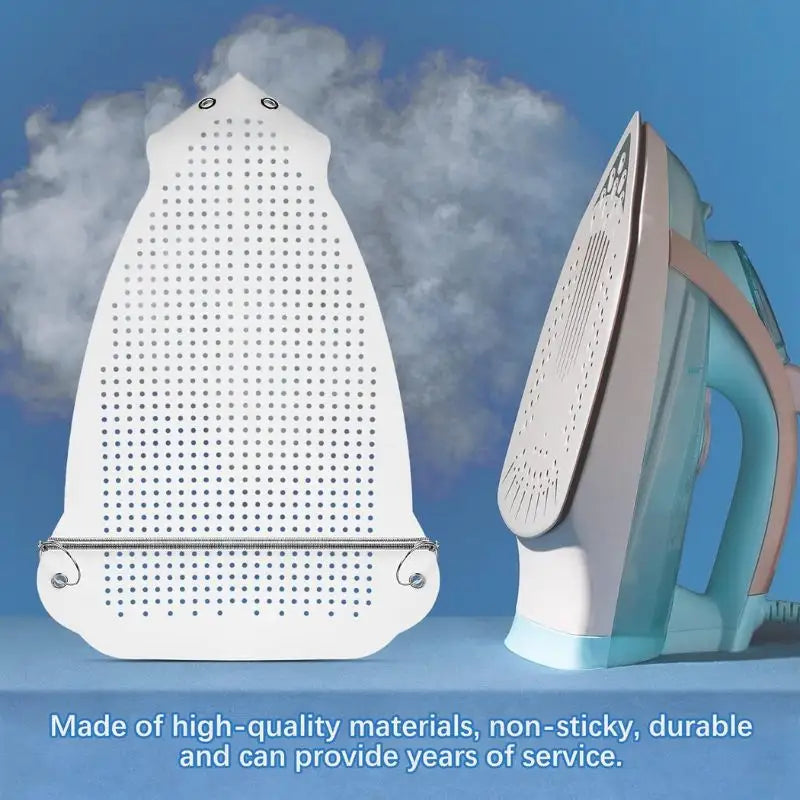 A white perforated iron shoe plate shown next to a steam iron with steam clouds to demonstrate high heat resistance for buyers in Pakistan.