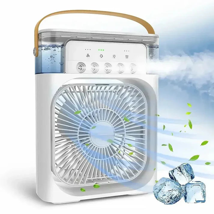 White 3-in-1 portable mist fan and humidifier blowing cool air next to ice cubes, perfect for hot summer days in Pakistan.