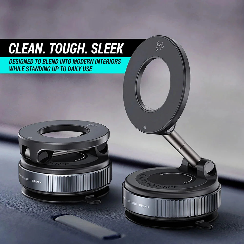 Magnetic suction phone holder with sleek and modern design, strong dashboard grip, 360° adjustable rotation.