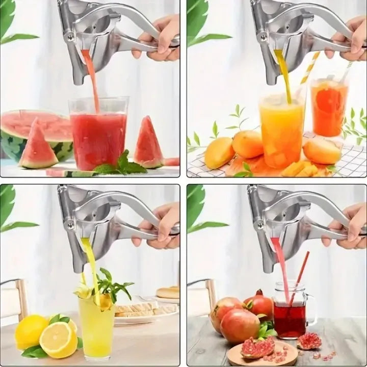 Manual fruit juicer extracting juice from mango, lemon, pomegranate, and watermelon into glasses with fresh fruits, Pakistan