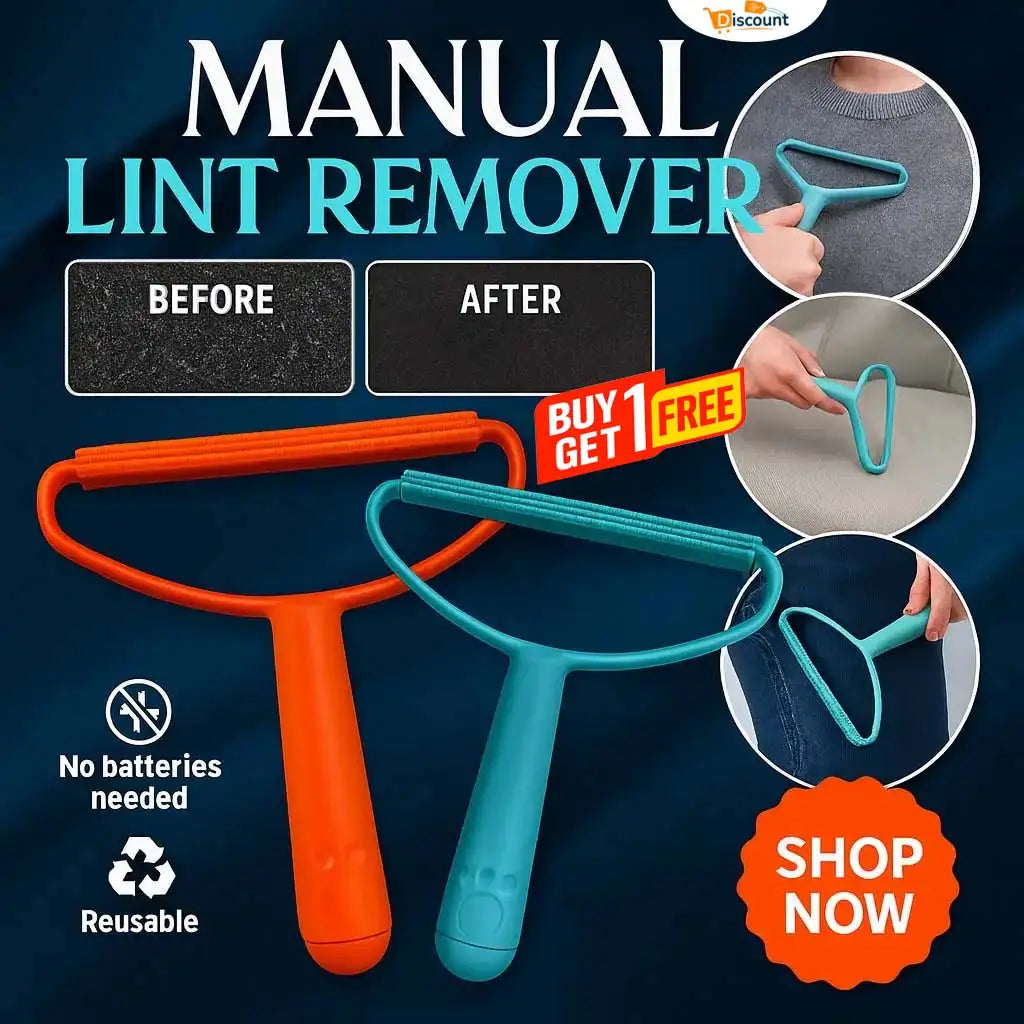 Manual lint remover before and after results showing fabric cleaning, pet hair removal, sweater and sofa lint removal tool with reusable design.