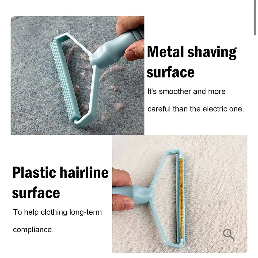 Dual-surface manual lint remover showing metal shaving side and plastic hairline side for fabric cleaning.