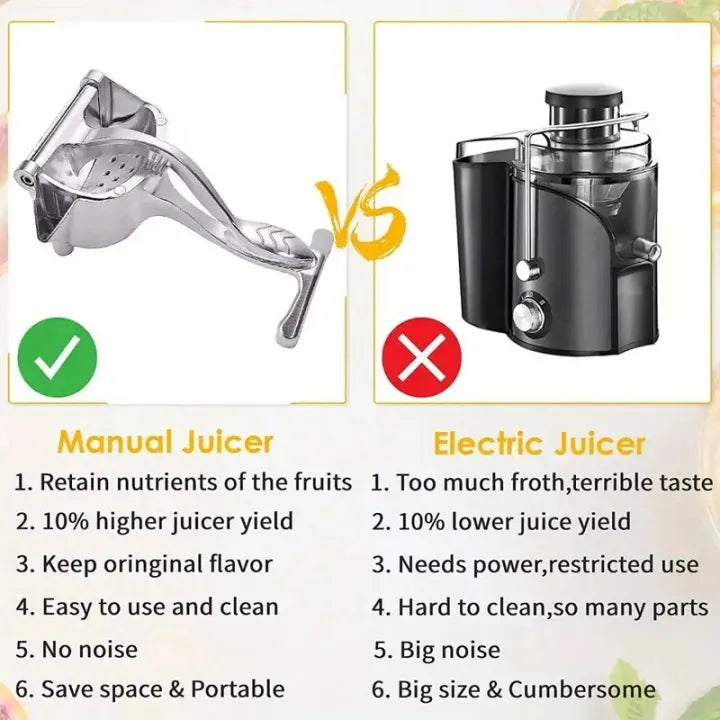 Manual vs electric juicer comparison chart showing benefits with check and cross marks, Pakistan