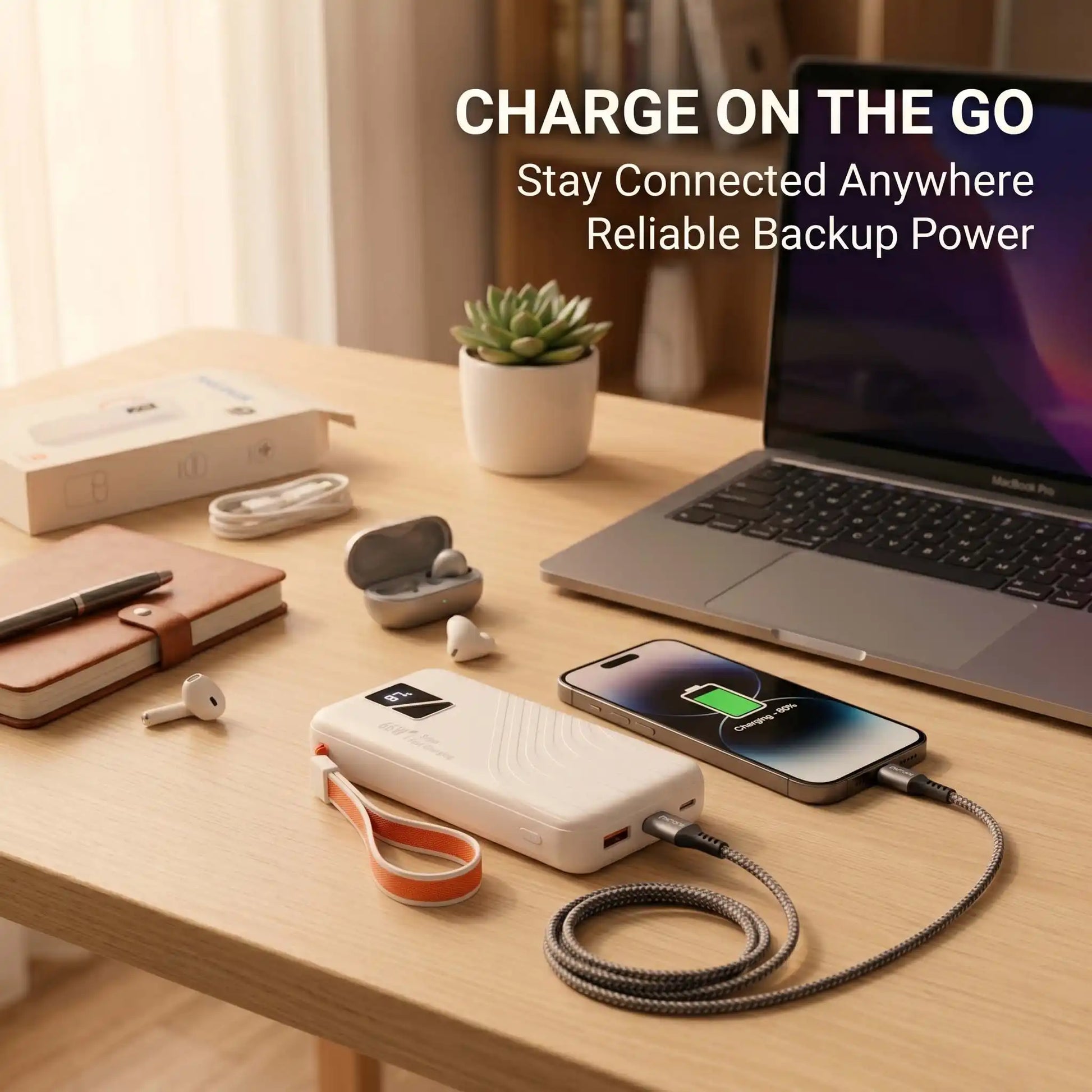 A 66W fast charging 20000mAh power bank on a wooden desk next to a laptop and smartphone, the best mobile accessory in Pakistan.