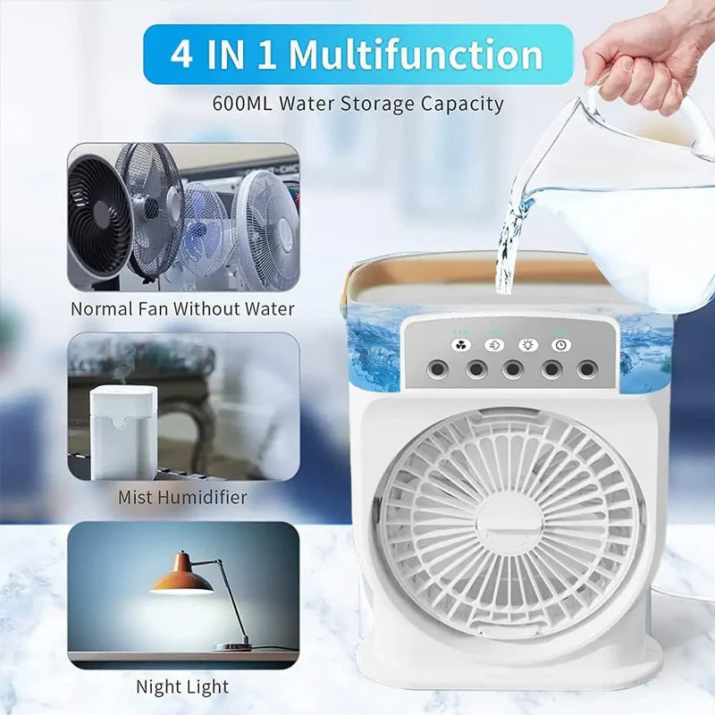 Water being poured into a 600ml reservoir of a 3-in-1 portable mist fan and humidifier available for homes in Pakistan.