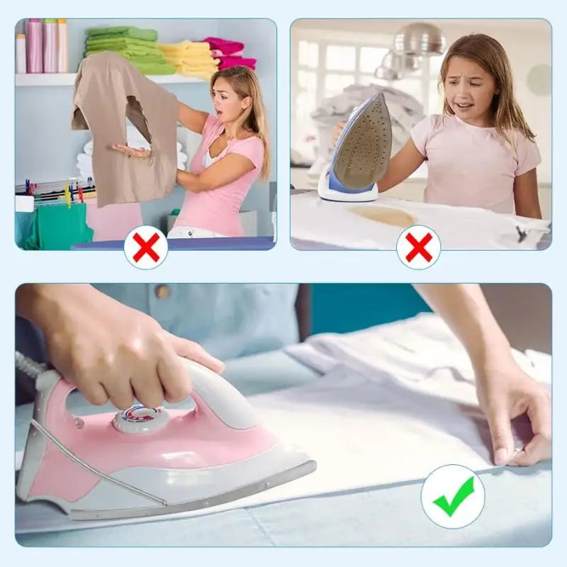 Graphic showing how an iron shoe attachment prevents scorched clothes and shiny marks compared to using a bare iron soleplate in Pakistan.