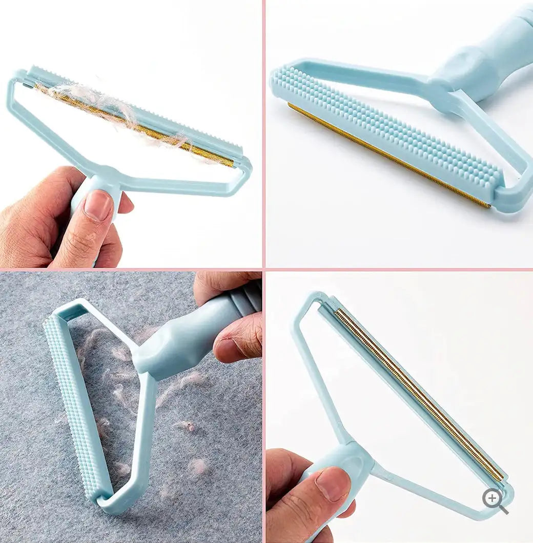 Blue portable lint remover shown from multiple angles for fuzz and lint removal.
