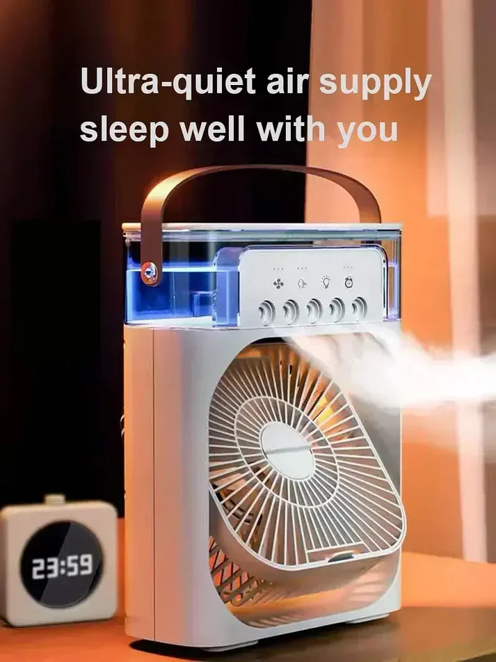 White 3-in-1 portable mist fan and humidifier emitting a cool vapor breeze next to a digital clock on a nightstand in Pakistan.