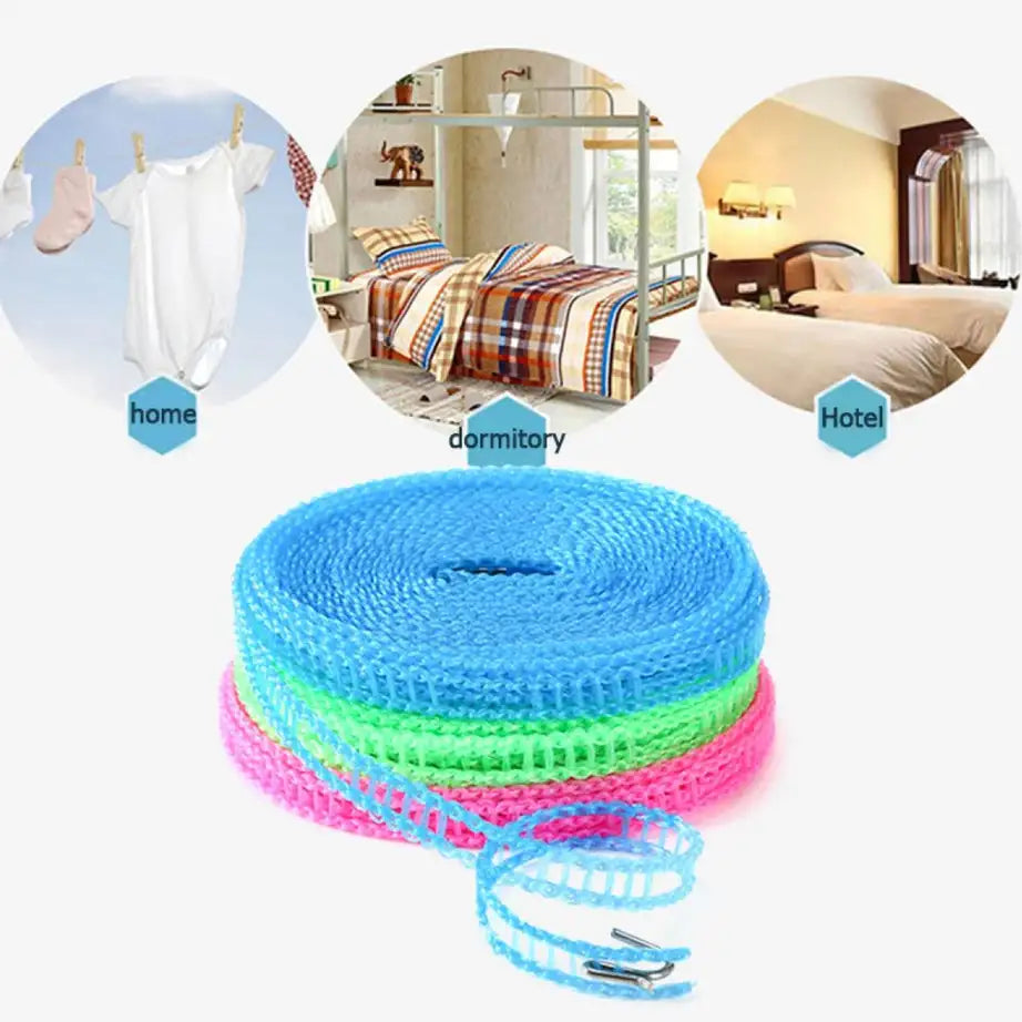 Three rolls of colorful portable clotheslines shown with usage icons for home, dormitory, and hotel laundry needs across Pakistan.