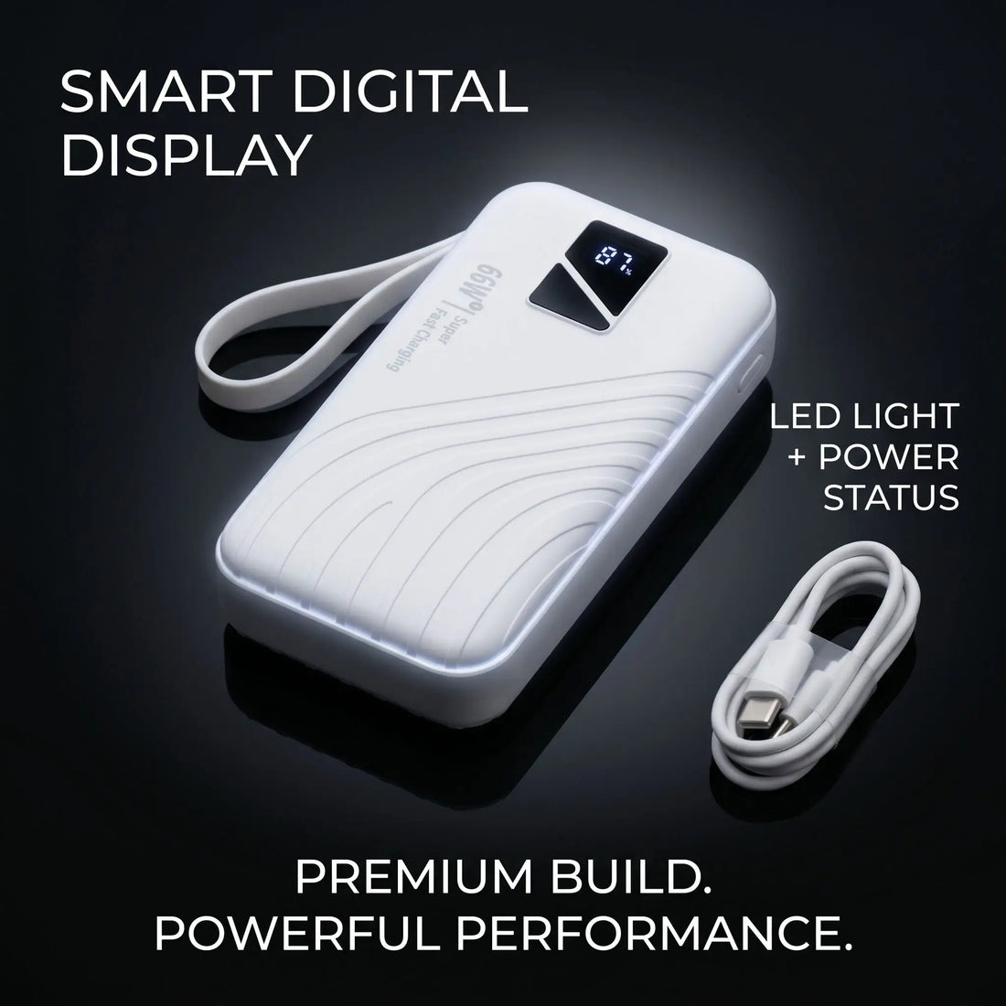 A white 66W super fast power bank displayed with its charging cable on a black background, premium mobile power solution for Pakistan.