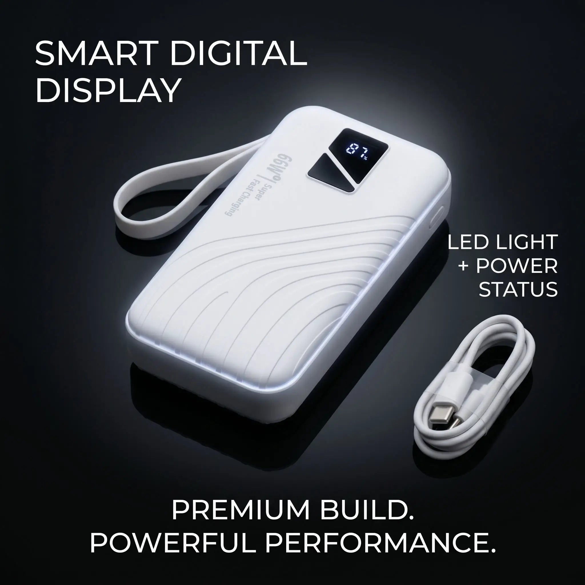 A white 66W super fast power bank displayed with its charging cable on a black background, premium mobile power solution for Pakistan.