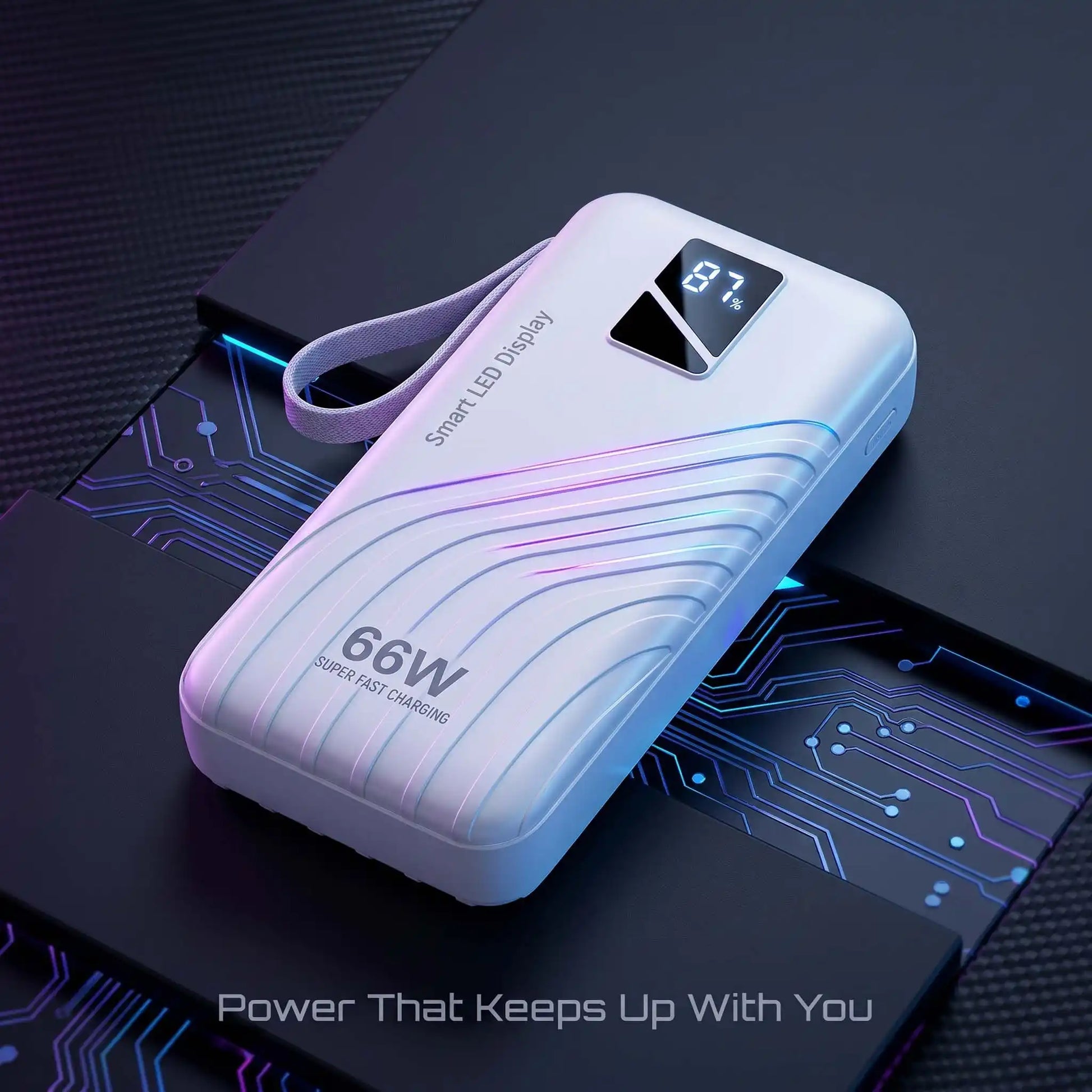 Close-up of a white 20000mAh power bank with a smart LED display showing 87% battery, available for tech enthusiasts in Pakistan.