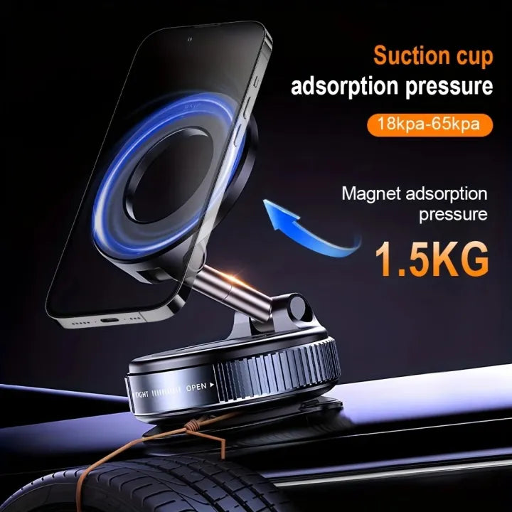 Strong suction cup phone holder with 1.5kg magnetic grip for stability while driving