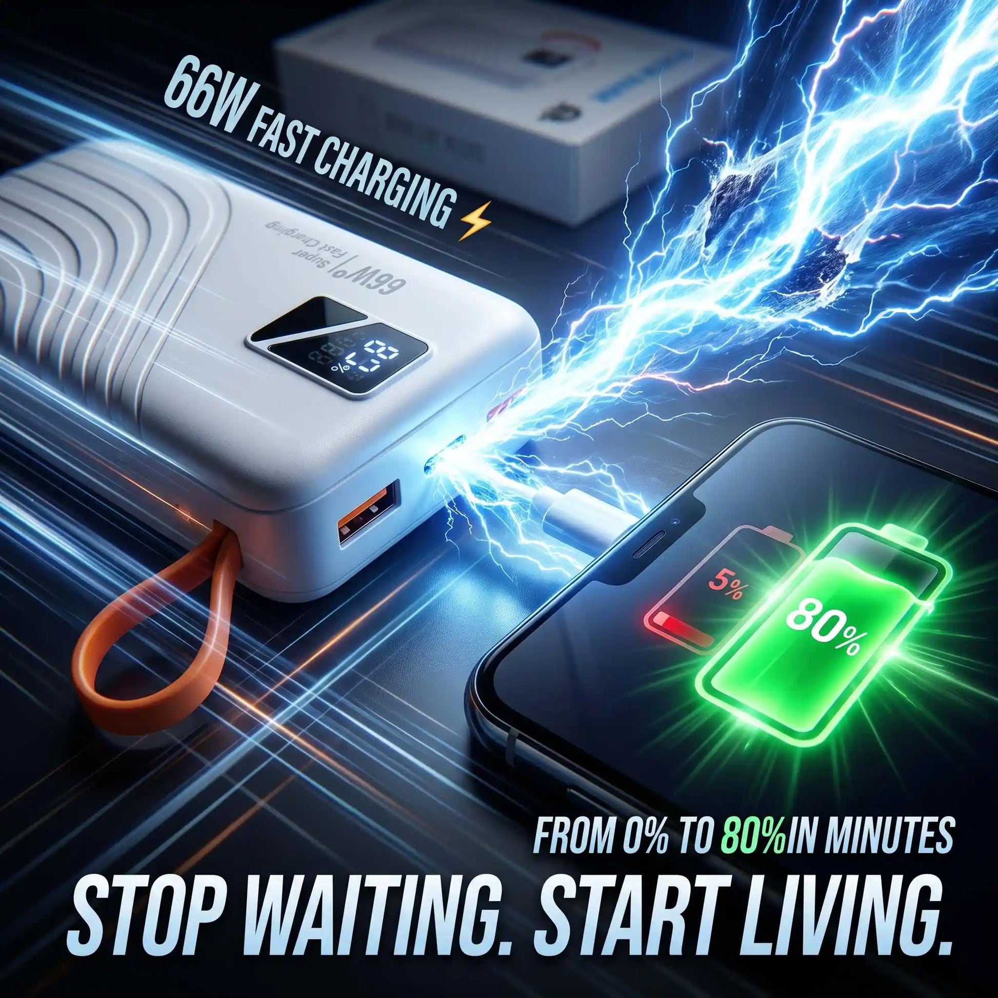 66W super fast power bank charging a smartphone from 0% to 80% in minutes, showing high-speed energy transfer for users in Pakistan.