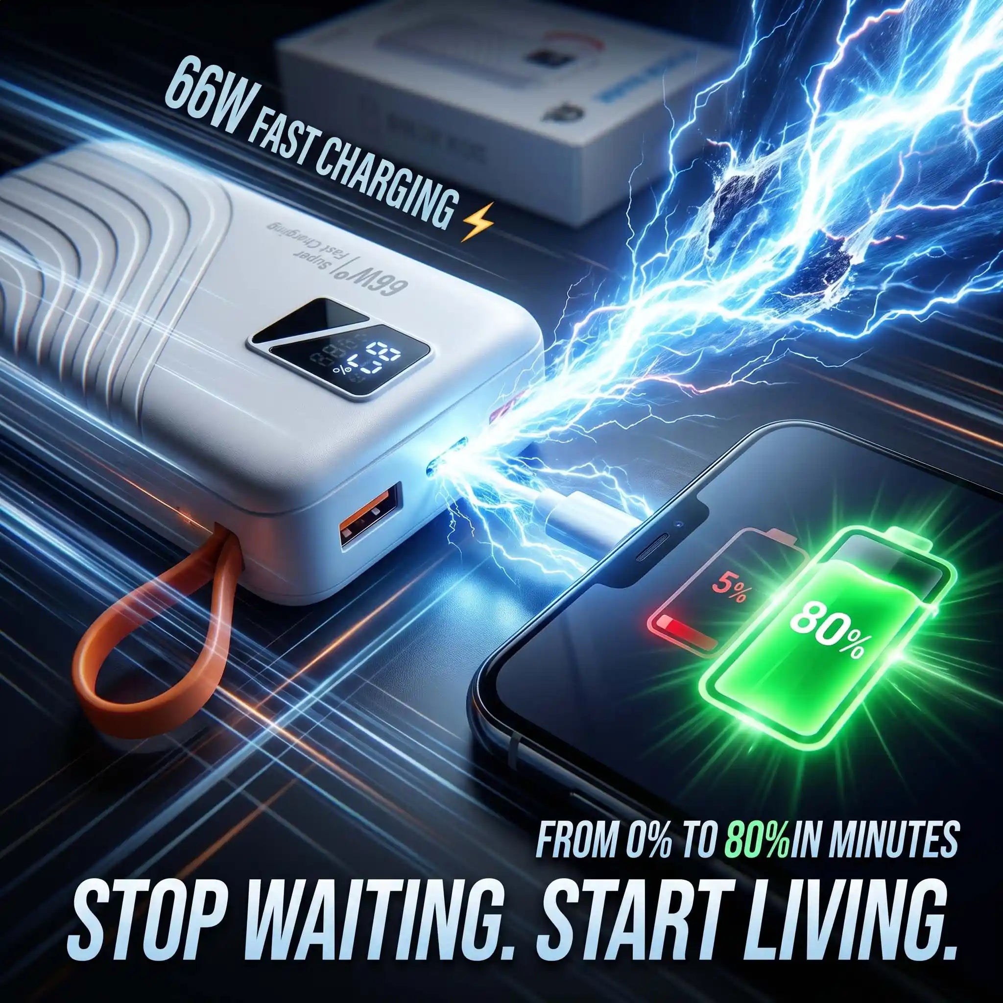 66W super fast power bank charging a smartphone from 0% to 80% in minutes, showing high-speed energy transfer for users in Pakistan.