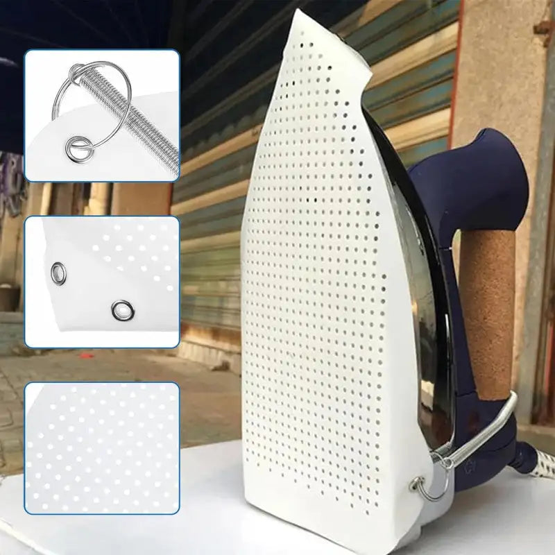 A white perforated Teflon iron cover plate attached to a steam iron with a spring, showing close-up details available in Pakistan.