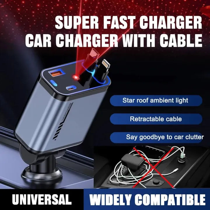 4 in 1 Retractable Car Charger 120W Fast Charging Car Station