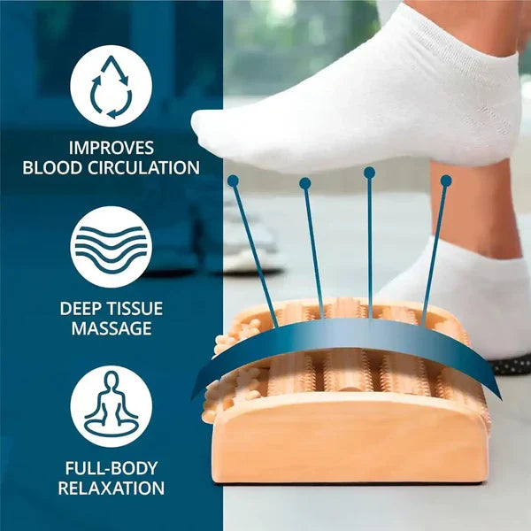 Close up of a foot in a white sock using a wooden massager with icons showing improved blood circulation and relaxation in Pakistan.