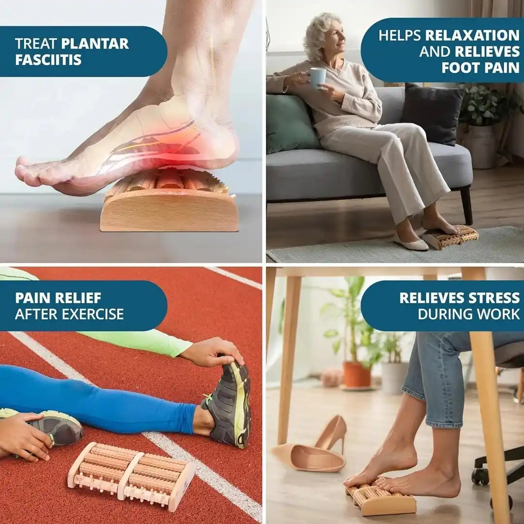 Infographic showing a wooden foot massager helping with plantar fasciitis, post-exercise recovery, and stress relief in Pakistan.