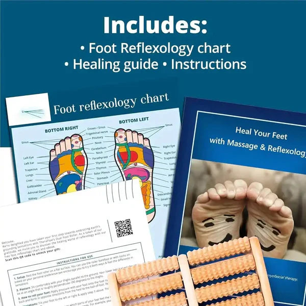 Included accessories for the wooden foot massager including a colorful reflexology chart, healing guide, and instructions in Pakistan.